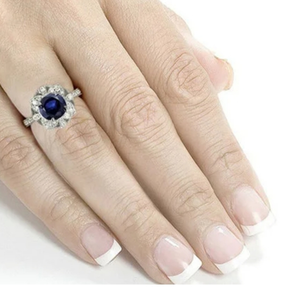 NEW .925 Sterling Silver Sapphire & CZ Halo Ring Delicate Fashion Sapphire - Picture 2 of 8